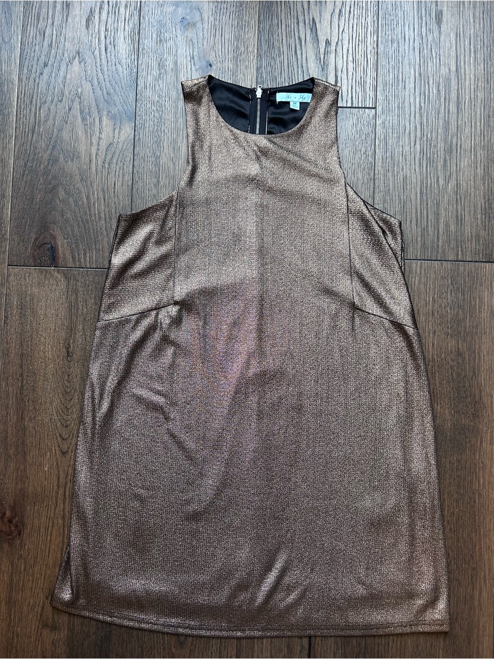 She + Sky Metallic Bronze Sleeveless Shift Mini Dress